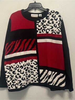 Alfred Dunner Red White Black Sweater Animal Print Acrylic Cotton- 2X